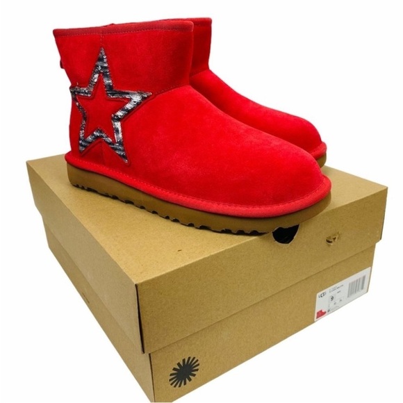 NEW UGG Classic Mini Boots Red Winterboots Sequin Star Sz 8